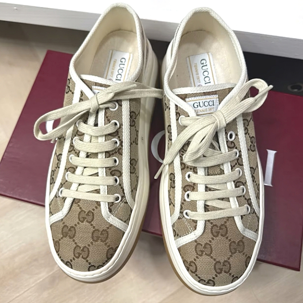 Gucci Tan and White Monogram Print Sneakers